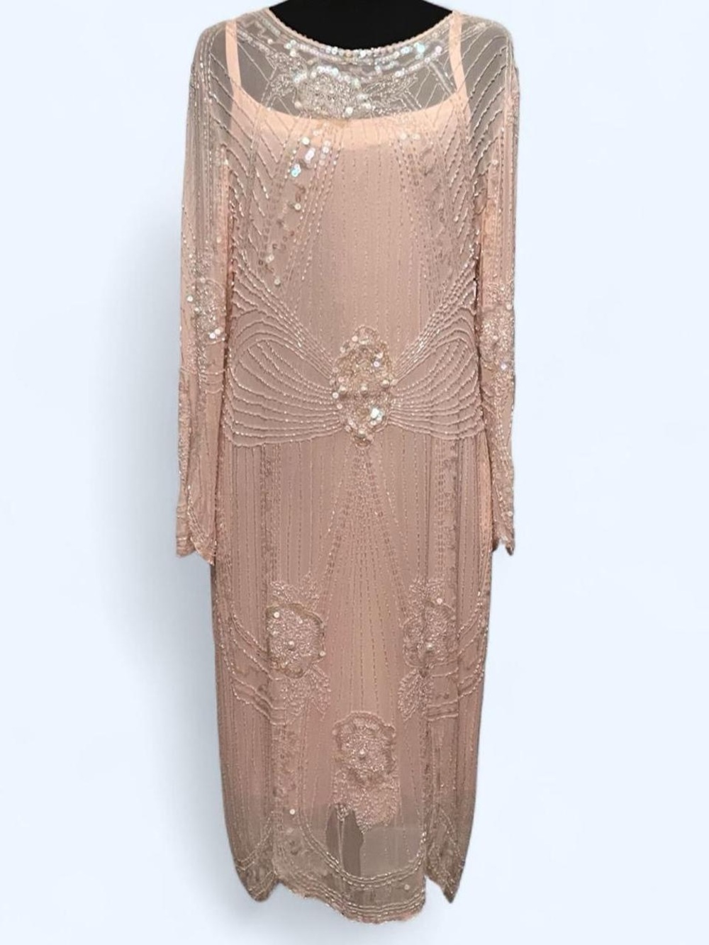 True Vintage 80s does 20s Swee Lo Beaded Peach Sheer Long-Sleeve Evening Dress
